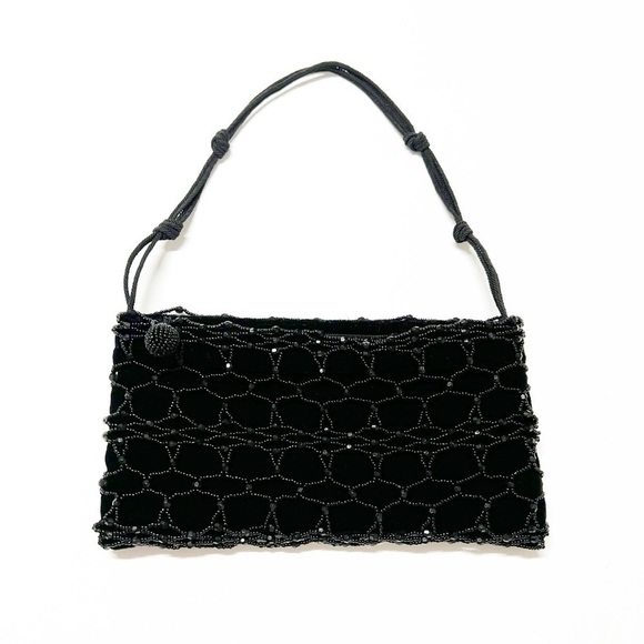Franchi Womens 90s Y2K Vintage Black Criss Cross Mesh Beaded Square Clutch Bag - Picture 1 of 7